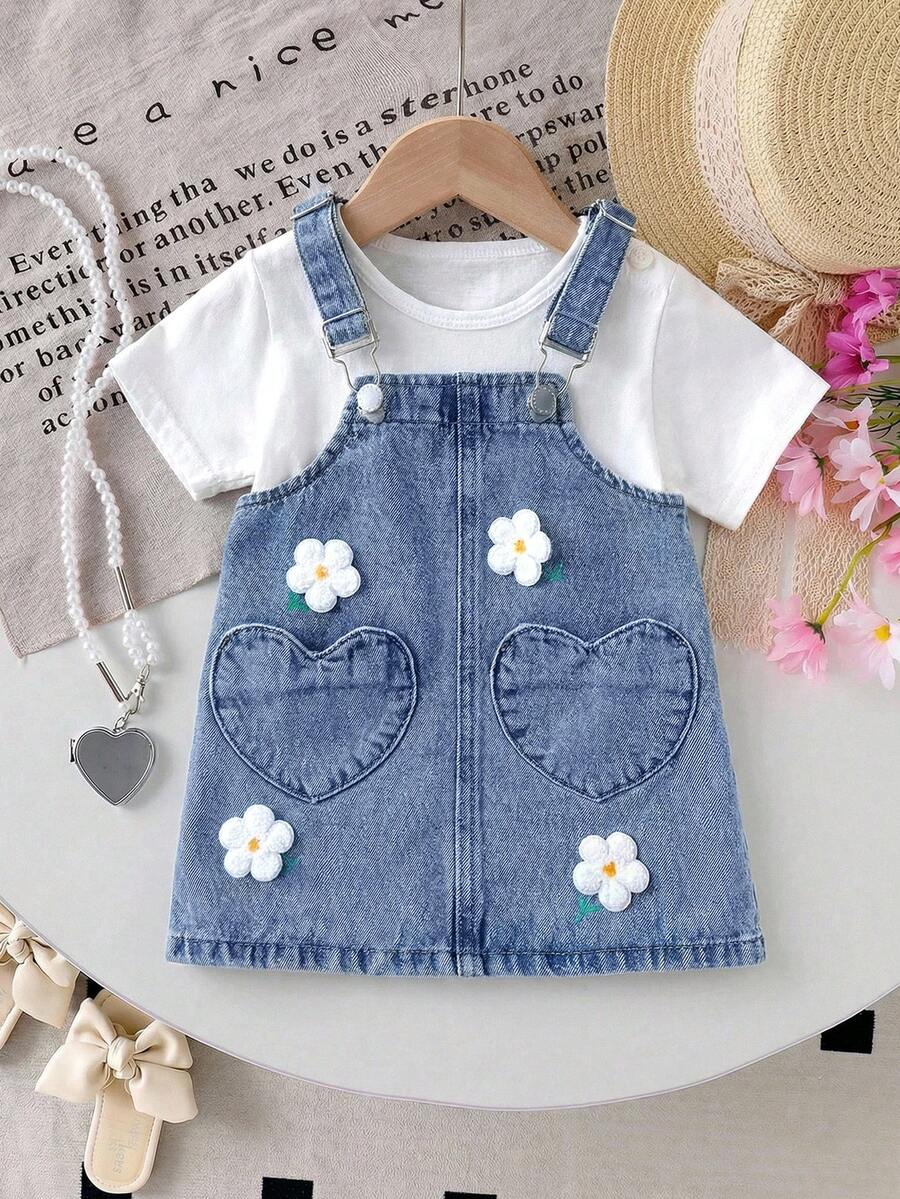 SHEIN 女婴可爱粉色蝴蝶结牛仔连衣裙，儿童女孩春夏休闲度假乡村波西米亚风服装，儿童女孩沙滩装，春假装，锐舞节牛仔连衣裙 - 淺色水洗藍 - 查看 1