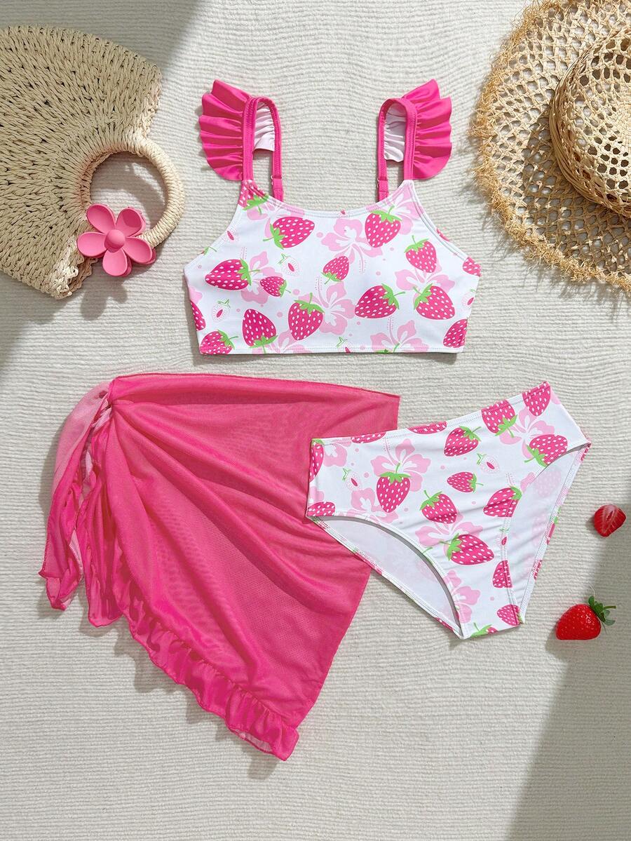 SHEIN Vintaside Kids Conjunto de Maiô Bikini de Malha com Babados de Cor Sólida e Laço para Meninas Pré-Adolescentes, Roupa de Banho Elegante e na Moda, Adequada para Natação, Férias, Verão, Tecido Macio e Confortável, Nova Moda Primavera/Verão 2026 - Rosa chiclete - Visão 1