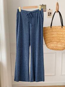 Comfortcana 2026春夏新款女式纯色深蓝色纹理仿牛仔阔腿裤，适合冬季、复活节、派对、海滩、婚礼、毕业典礼、优雅、休闲、度假、运动、正式场合、Y2K、商务等各种场合，饰有亮片、流苏、荷叶边、花朵、图案等元素。 - 藏蓝色 - 查看 6