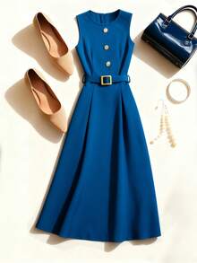 Breezaya Women's Elegant Teal Blue Summer Midi Dress,Round Neck Sleeveless A-Line Vacation Holiday Sun Dress With Belt & Faux Buttons,French Style Resort Wear - Blue - View 3