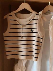 GlowEve Women's Casual Striped Print Round Neck Tank Top - Khaki - View 4