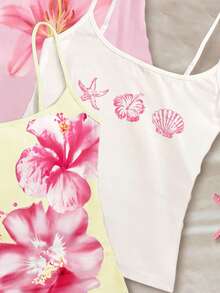 休闲度假热带花卉图案，包括芙蓉花、鸡蛋花、海星和珍珠贝壳，沙滩主题，少女修身休闲运动吊带三件套，白色、浅粉色、米色可选，适合春夏日常穿着、叠穿、外出和度假。 - 彩色 - 查看 4
