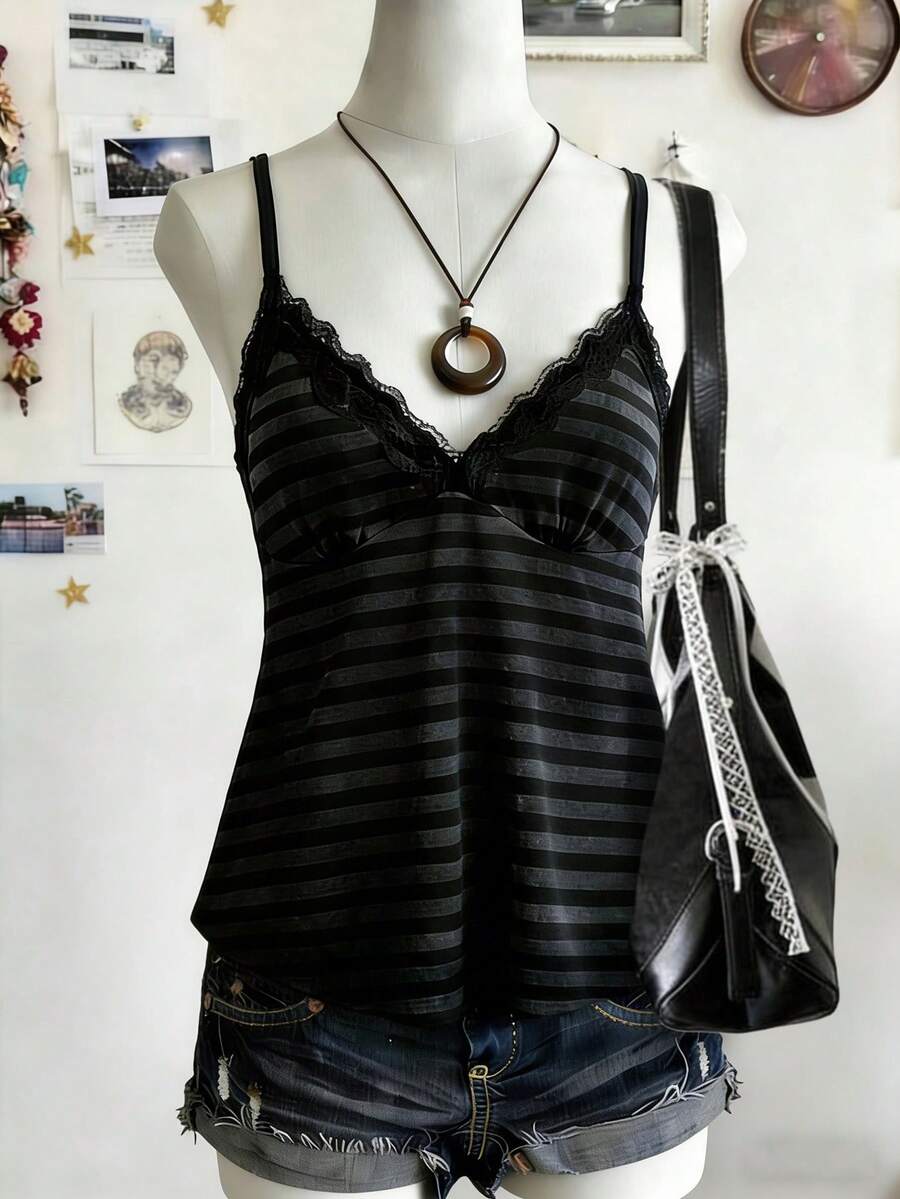 Lalippa Women's Contrast Lace Striped Casual Camisole - Multicolor - View 1