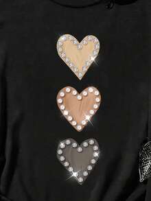 EMERY ROSE Áo nữ cỡ lớn cổ tròn đính đá và ngọc trai giả họa tiết trái tim, thích hợp mặc hàng ngày. - Nhiều màu - Xem 5