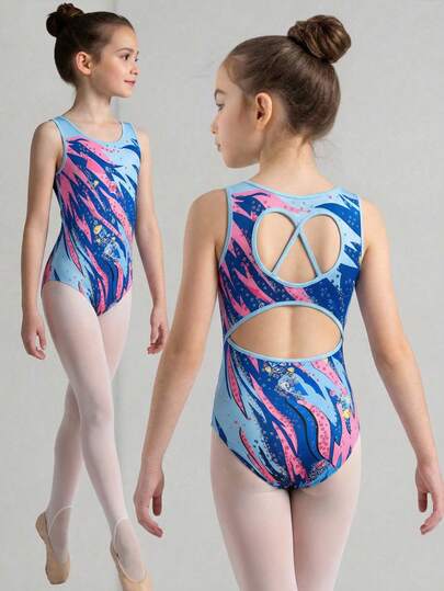 SHEIN 少女休闲运动体操瑜伽闪亮优雅印花高弹针织露背连体衣，体操服