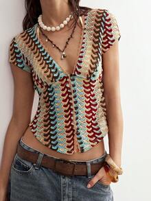 Bohemela Women's V-Neck Short Sleeve Striped Knit Vacation Top, Spring/Summer Bohemian Outfits Women Summer Bohemian Outfits Women Summer Boho Tops For Women Pattern Top Crochet Shirts For Women Crocheted Patterns - Multicolor - View 6