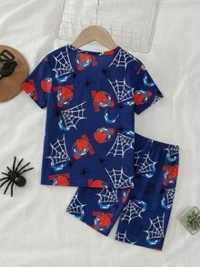 Jungen Superheld & Spinnen Grafik Muster Rundhals Kurzarm Shorts 2-teiliges Pyjama Set, dehnbarer Strickstoff, bequem & weich, navy blau - marineblau - Übersicht 2
