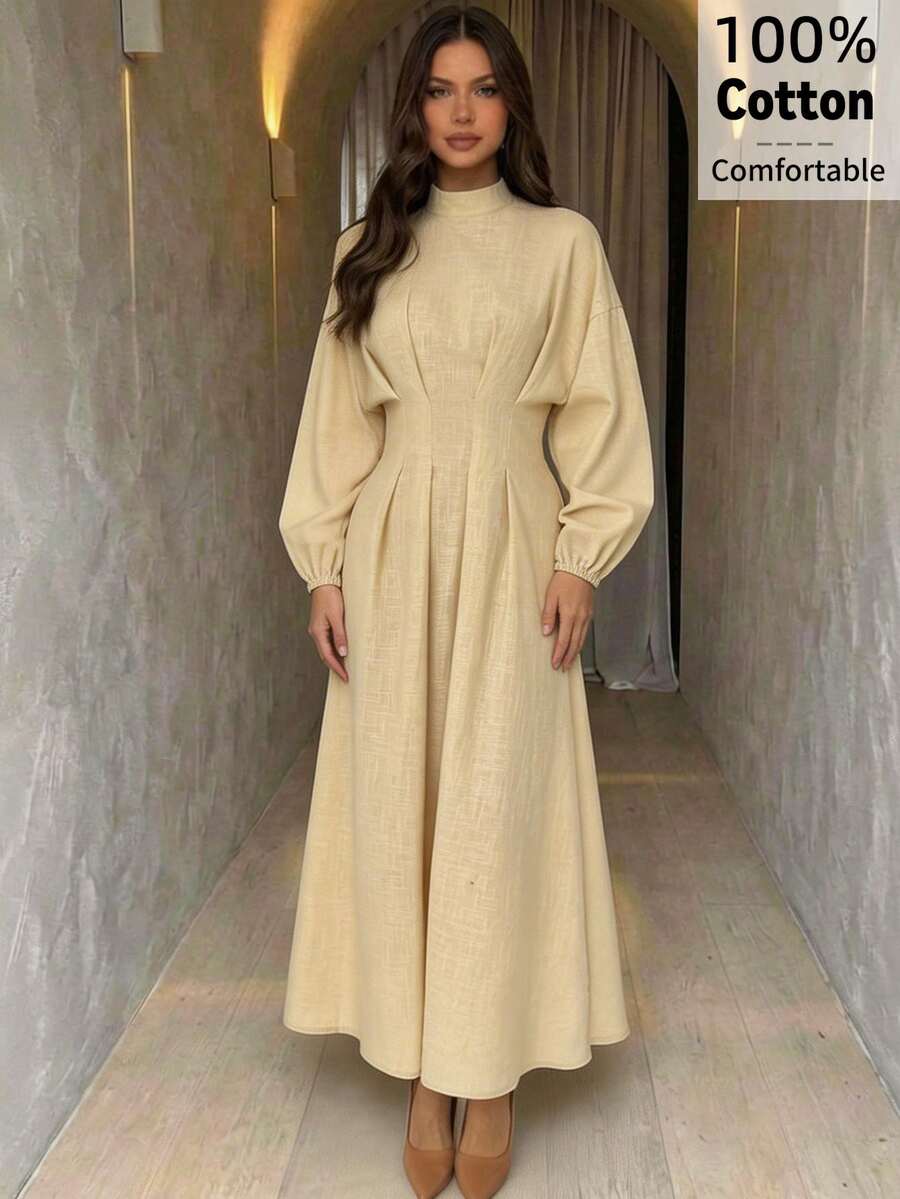 Aloruh 简约通勤立领收腰褶皱泡泡袖米色竹纤维棉 A 字裙女式 - 杏色 - 查看 1