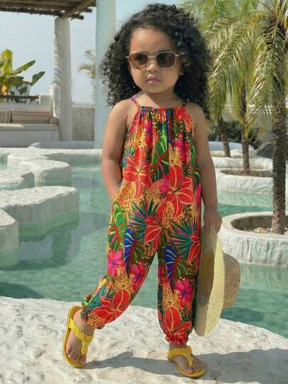 SHEIN Baby Girl Ditsy Floral Sleeveless Romper Vacation Jumpsuit Baby Girl Girl Toddler Hawaiian Outfit Girl Tropical Outfit Toddler Girl Tropical Vacation Clothes Jumpsuit For Baby Hawaii,Kids
