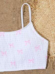 SHEIN 少女蝴蝶印花比基尼套装，白色底粉色蝴蝶图案，可爱可调节肩带，两件套泳衣，含三角泳裤，适合夏季度假、海滩、游泳池、派对等场合。 - 白色 - 查看 6