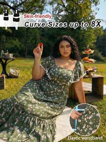 SHEIN CURVE+ Vestido con volantes de manga y estampado floral elegante para mujeres de talla grande, para uso diario - Multicolor - Ver 8