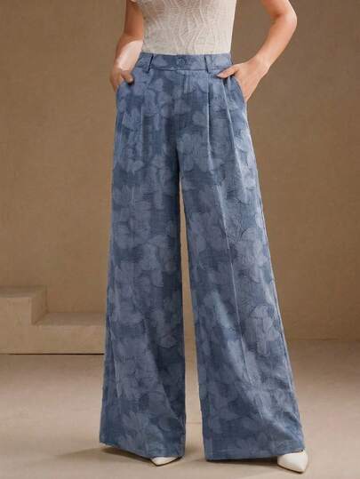 Anewsta Elegant Jacquard Denim Blue Wide Leg Pants, High Waist Slimming Draping Flowy Versatile Beach Trousers For Women
