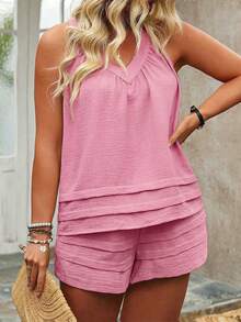 EMERY ROSE Plus Size Women Solid Color Ruched Halter Top And Shorts Casual 2 Pieces Set - Pink - View 3