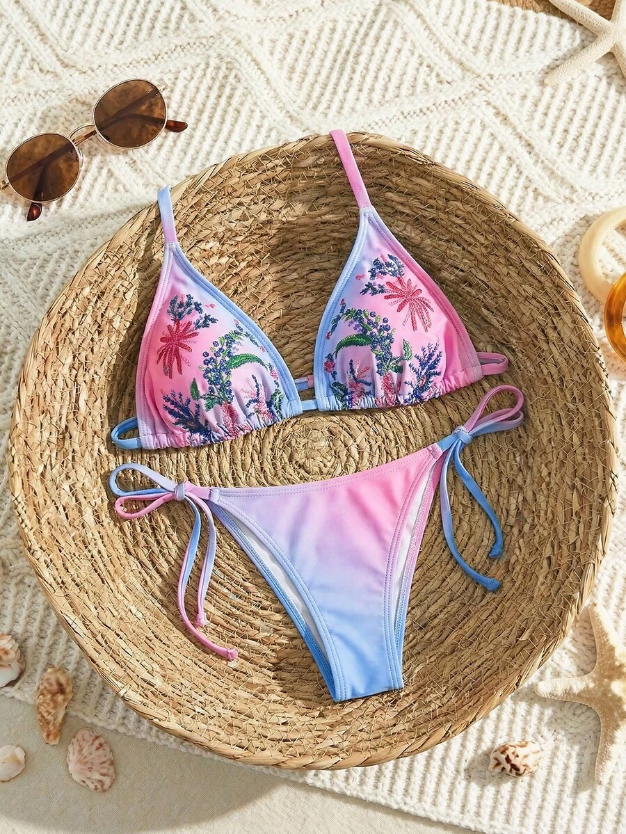 SHEIN Swim Plus Size Swimwear Set, Faux Pearl Embroidery Printed Pattern, Sweet European And American Style - Multicolor - View 1