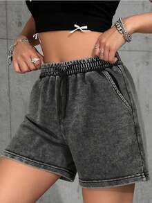 SHEIN Girls' Straight Leg Denim Shorts,Grey,Summer,Casual,City Break,Black Acid Wash,Loose Fit,Drawstring Waist,Versatile For School,Party,Vacation,Daily - Black - View 1