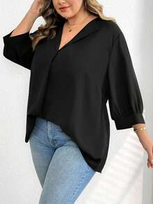 SHEIN CURVE+ Bluză neagră, casual, solidă, cu mânecă episcopală, mărime plus, ținute occidentale pentru femei, boho, hippie, cowgirl, boem, Old Money, vară, concert, festival rave, vară boho, Old Money, vară, vacanță de primăvară, festival rave, vacanță de primăvară/2026/Anul Nou - Negru - Vizualizare 8