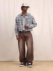 SUMWON Men's Crop Fit Long Sleeve Plaid Button Down Shirt With Back Graphics Washed Western Style Casual Streetwear - Black - View 3