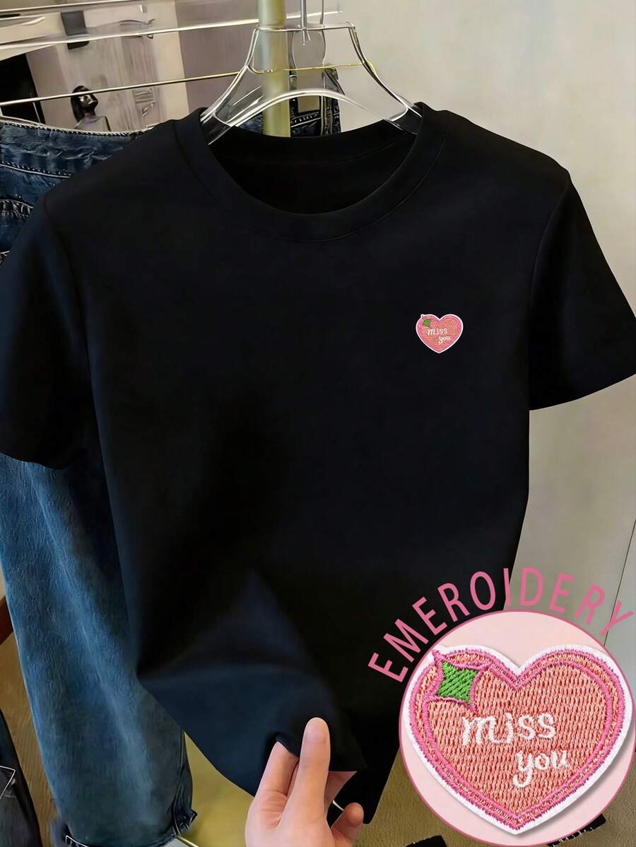 Resyla Women's Round Neck Short Sleeve T-Shirt With "MISS YOU" Heart Pattern - Black - View 1