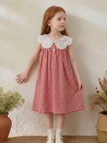 Đầm công chúa không tay cổ ren màu đỏ trắng kẻ caro năng động mới dành cho bé gái, thích hợp cho tiệc sinh nhật và mùa hè. - Đỏ - Xem 5