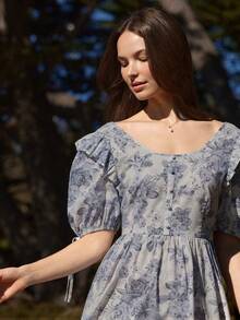 WESTFADE 棉混纺花卉印花圆领荷叶边泡泡袖修身喇叭裙娃娃装迷你连衣裙秋季、冬季、乡村音乐会服装，休闲、可爱、波西米亚风、西部风女装 - 彩色 - 查看 8