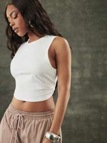 Denimoi Women's Solid Color Twist Back Round Neck Casual Tank Top - White - View 3