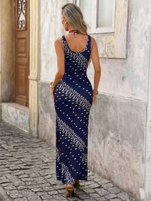 Brillora 女士印花深V领无袖连衣裙 - 寶藍色 - 查看 3