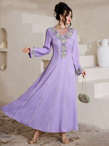 Al Najma Embroidered Lace Patchwork Elegant Modest Long Sleeve Arabic Style Dress - Purple - View 2
