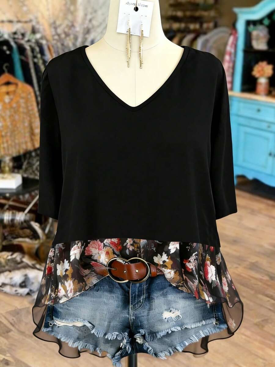 Linhara Blusa casual ed elegante con scollo tondo, in stile campagnolo, con patchwork in tessuto, per taglie comode - nero - Visualizzare 1
