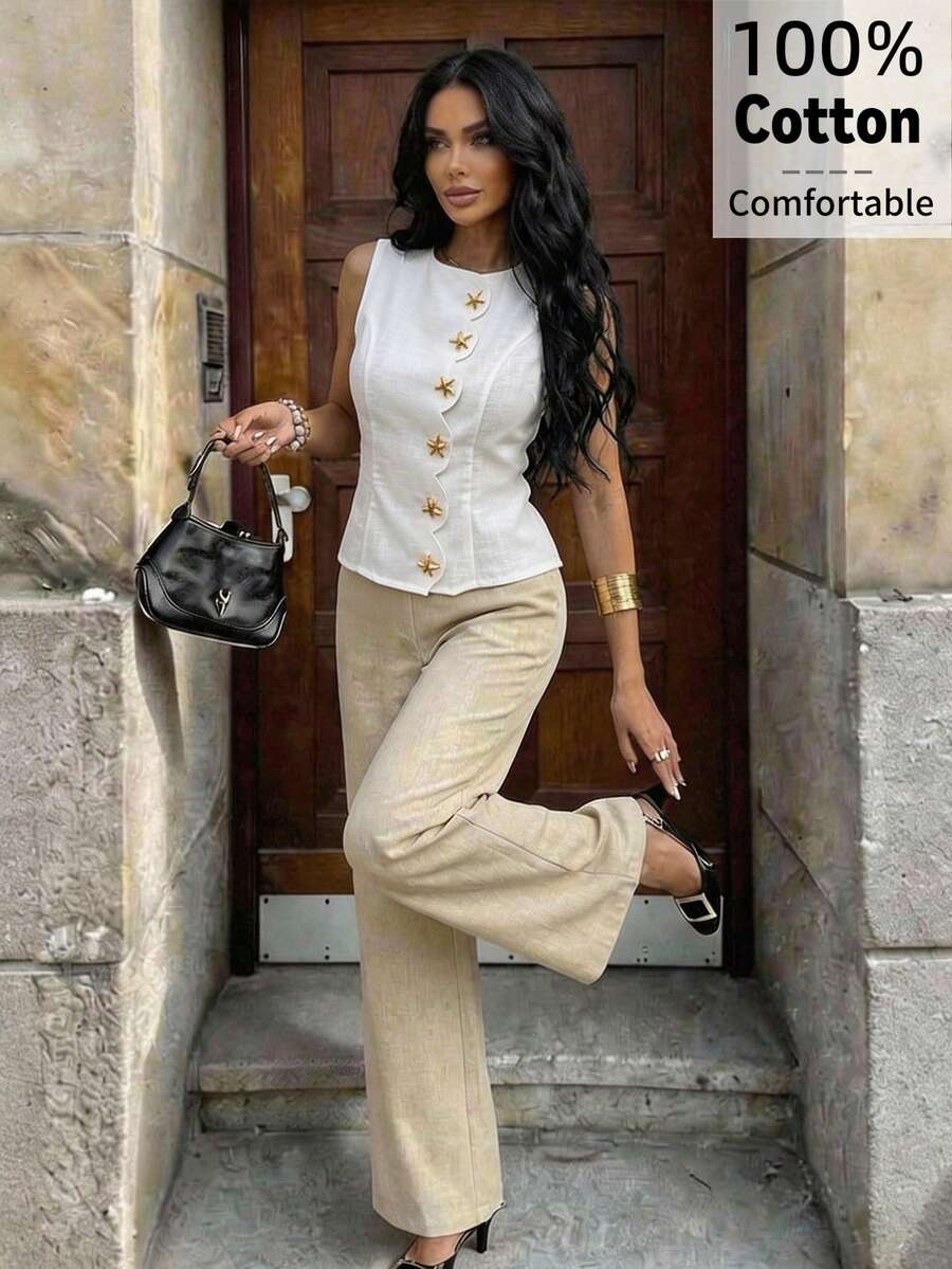 Aloruh Women's Cotton Casual Daily White Star Metal Decor Blazer Jacket, Spring/Summer