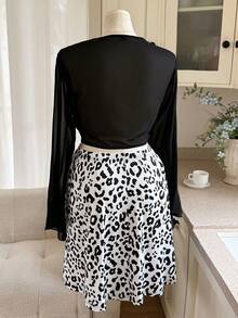 Linhara Plus Size Women Solid Leopard Print Chiffon Cardigan & Shorts 2-Piece Set - Black - View 2