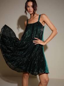 LOTSLUV 女士绿色串珠纹理面料方领宽松短款连衣裙，春夏款 - 綠色 - 查看 1