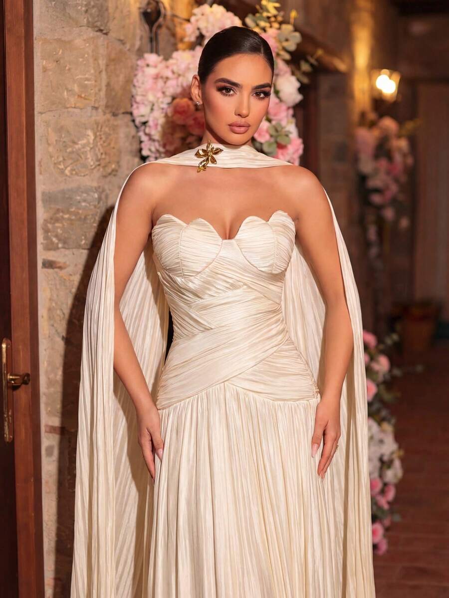 Glamrae 优雅浪漫时尚的杏色欧根纱面料褶皱装饰超大裙摆，优雅派对婚礼宾客礼服，正式长款礼服，象牙色