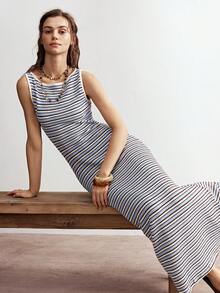 Bohemela 女士休闲针织条纹露背美人鱼连衣裙 - 藍色 - 查看 1