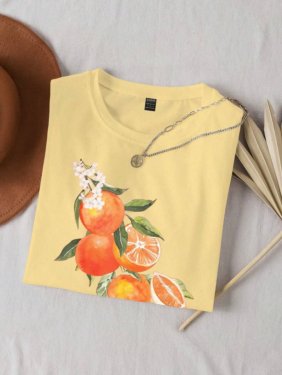 INAWLY Camiseta de manga corta con cuello redondo, estampado de frutas, de uso casual y versátil para uso diario - Amarillo - Ver 1