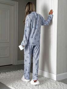 EURMUSE Women 2 Pcs Button Front With Striped&Bot Pattern Homewear Cute Pajama Set - Royal Blue - View 2
