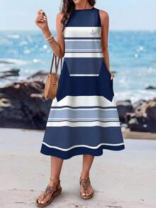 Sylviya 女士休闲海军蓝条纹撞色圆领中长连衣裙，适合春季、夏季、初秋穿着，蓝白相间，休闲百搭。 - 藍色 - 查看 1