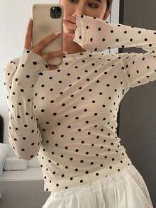 Dazy Tall 女士圆领修身长袖休闲上衣，饰有植绒波点网纱 - 彩色 - 查看 10