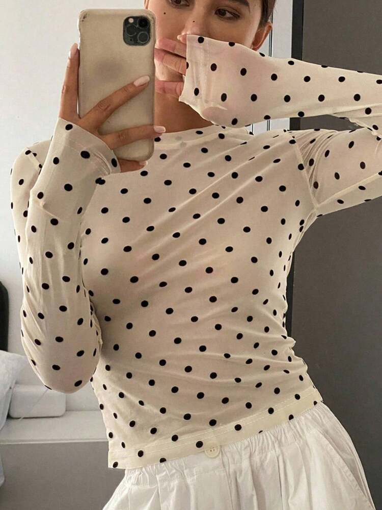 Women's Round Neck Fitted Long Sleeve Casual Top With Flocked Polka Dot Mesh