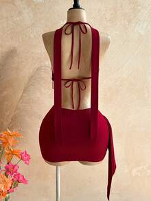 Soleia 春夏新款休闲度假西部海滩婚礼宾客礼服毕业早午餐女士套装，圣帕特里克节春假复活节音乐节优雅波西米亚热带风情露背蝴蝶结系带情人节婚礼季串珠流苏亮片两件套飘逸性感深V领酒红色针织女士套装 - 酒紅色 - 查看 2