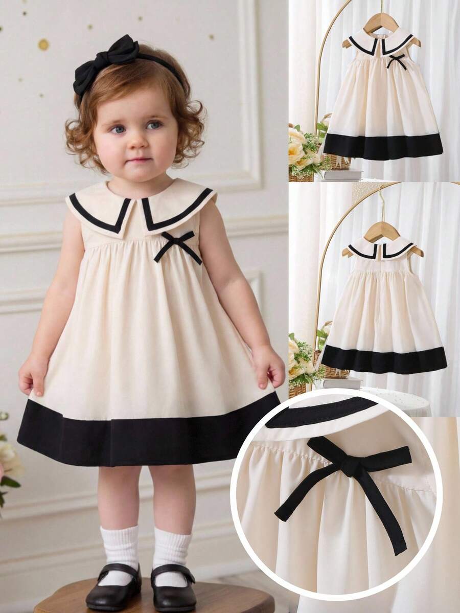 Vestido de niña bebé con cuello Peter Pan, parches y lazo - Blanco y Negro - Ver 1