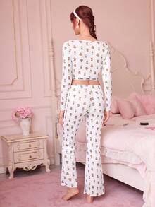 Bonmuse Women's Slim Fit Bear Print Crew Neck Long Sleeve Pajama Set - White - View 2