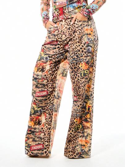 SUMWON WOMEN Women Mixed Animal Print Wide Leg Jeans With Collage Graphics Text And Pin Details