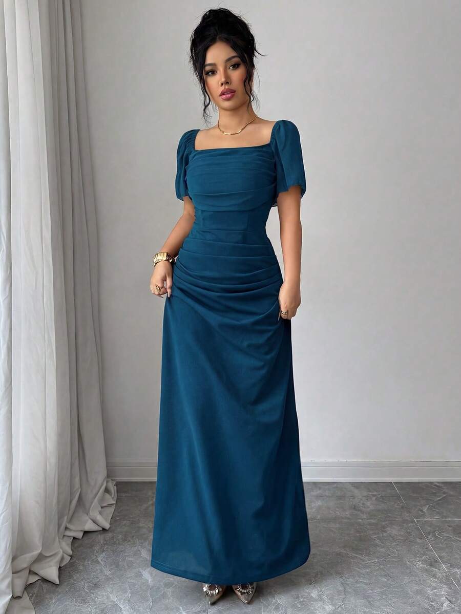 SHEIN Elenzya 方领收腰优雅浪漫精致女式连衣裙,短袖 - 水鴨藍 - 查看 1