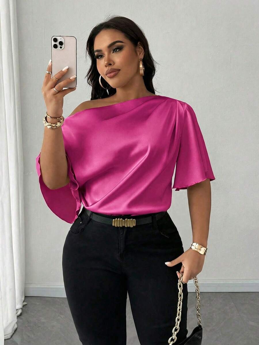 Maweii Áo sơ mi satin ngắn tay cổ lệch bèo gợi cảm dành cho nữ cỡ lớn, kiểu dáng thanh lịch, thoải mái, màu mơ nhạt, thích hợp cho mùa xuân/hè đi làm hoặc đi nghỉ mát. - Màu Hồng Tươi - Xem 1