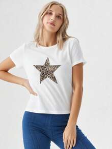 Playera con estampado de estrella cuello redondo manga corta mujer cómoda uso diario primavera verano - Blanco - Ver 3