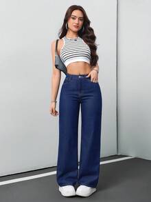SHEIN PETITE CURVE 女款大尺碼海軍藍寬腿牛仔褲，親膚高腰寬鬆牛仔褲，休閒日常夏季街頭風，深色水洗休閒牛仔褲 - 藍色 - 查看 3