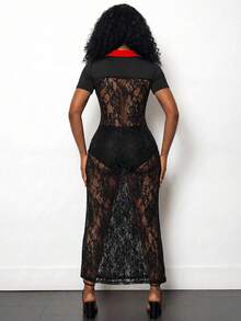 SHEIN BamGlam Women's Knitted Lace Netted T-Shirt, Contrasting V-Neck With A Digital 3 Patch Pattern Knitted Lace T-Shirt, High Slit Design, Long And Irregular Design T-Shirt - Black - View 2