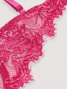 ROMWE Goth Lace Floral Embroidery Underwire Triangle Cup Bra - Hot Pink - View 4