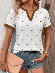 New Fashion Casual Versatile Heart & Plaid Print V-Neck Contrast Color Short Sleeve T-Shirt For Women - Multicolor - View 5
