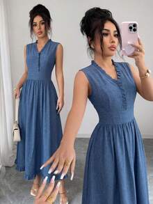 Elenzga Women's Elegant Romantic Sleeveless V-Neck Dress - Medium Wash - View 3